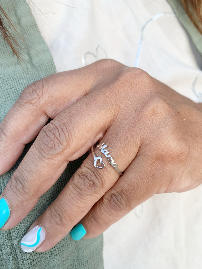 Anillo Abierto Mamá Corazón Plata