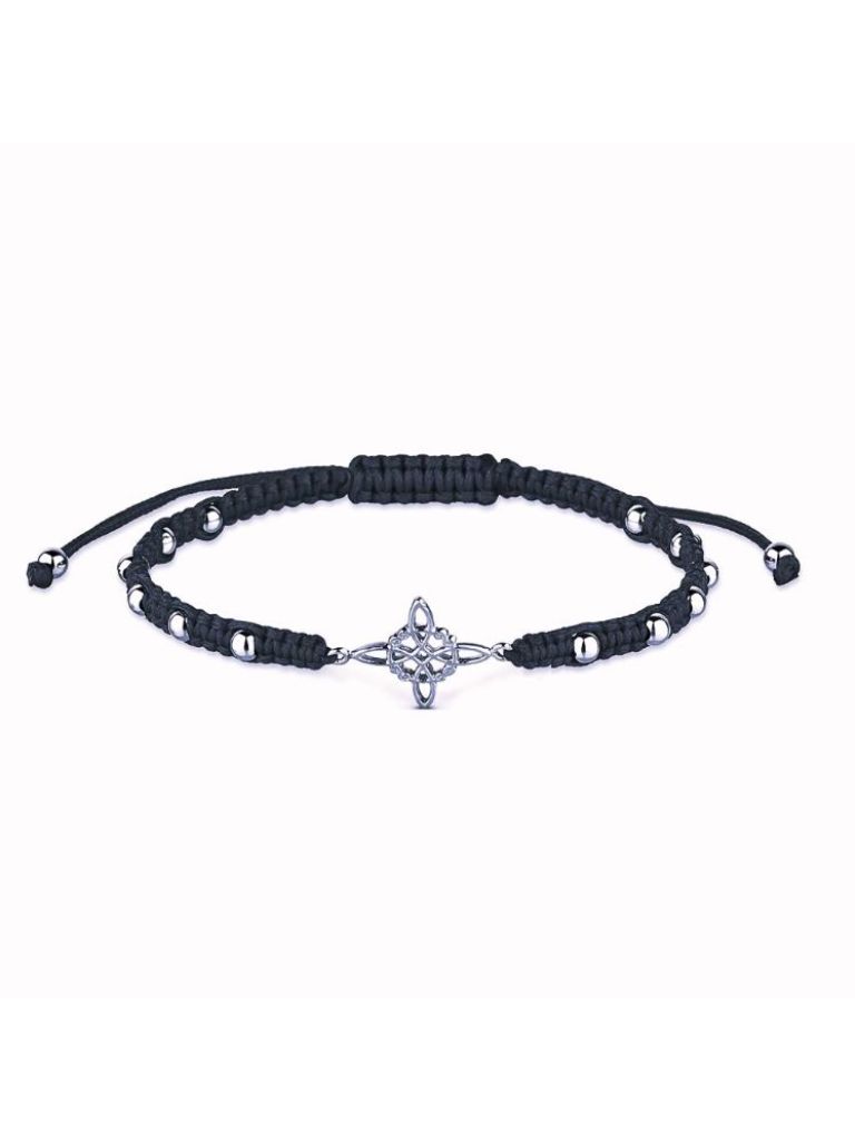 Pulsera Hilo Negro Nudo de Bruja y Bolitas Plata