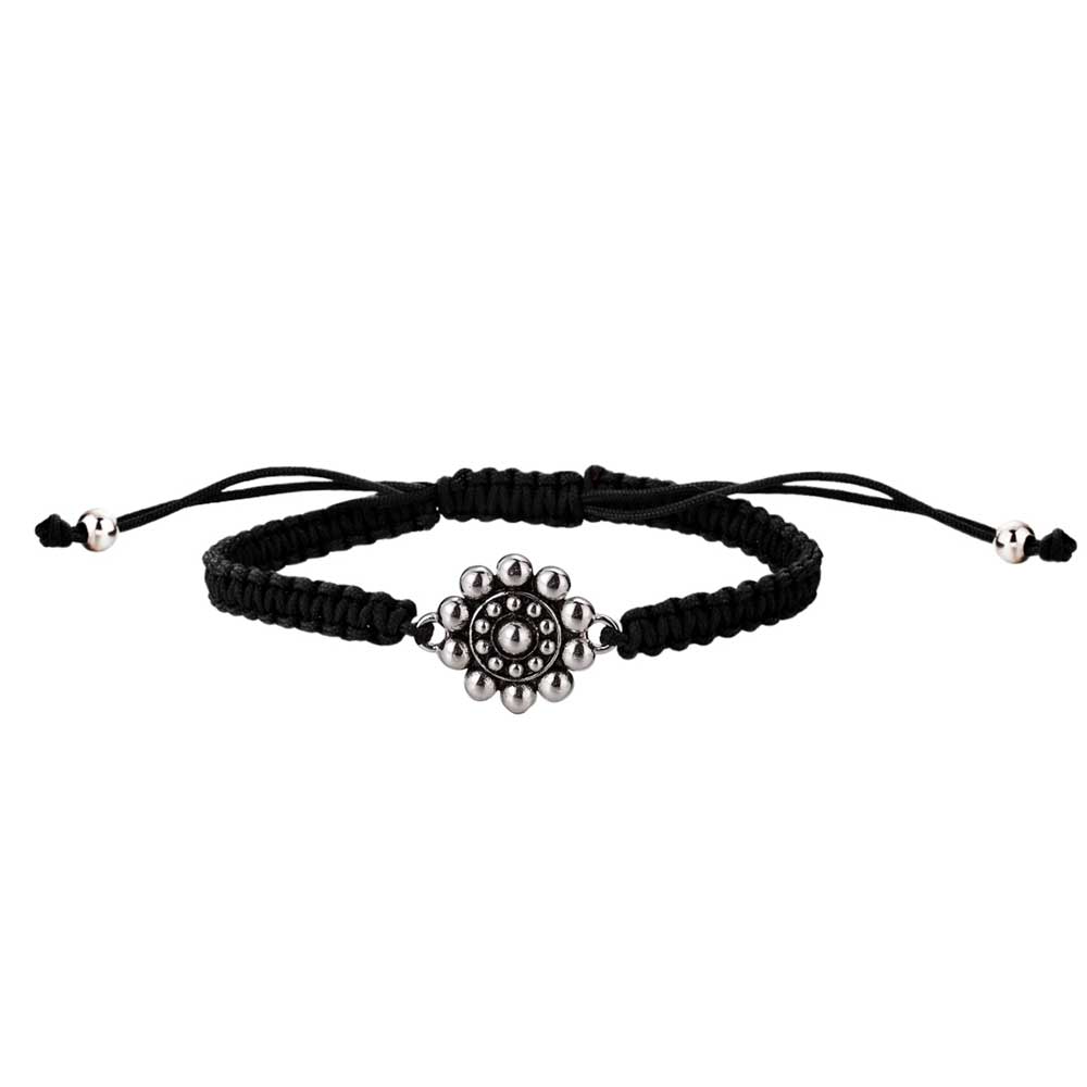 Pulsera Hilo Negro Botón Charro Plata