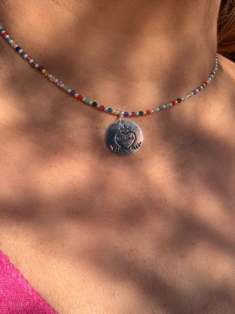 Collar Mamá Corazón Multicolor Plata